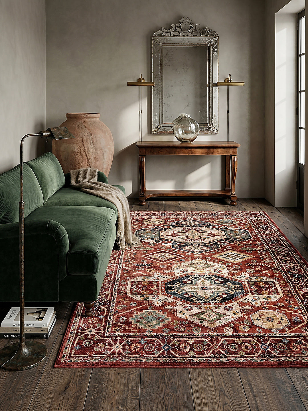 Teppich Rot rechteckig im Wohnzimmer mit Couchtisch und Wohnaccessoires Wohnidee skandinavisch modern_