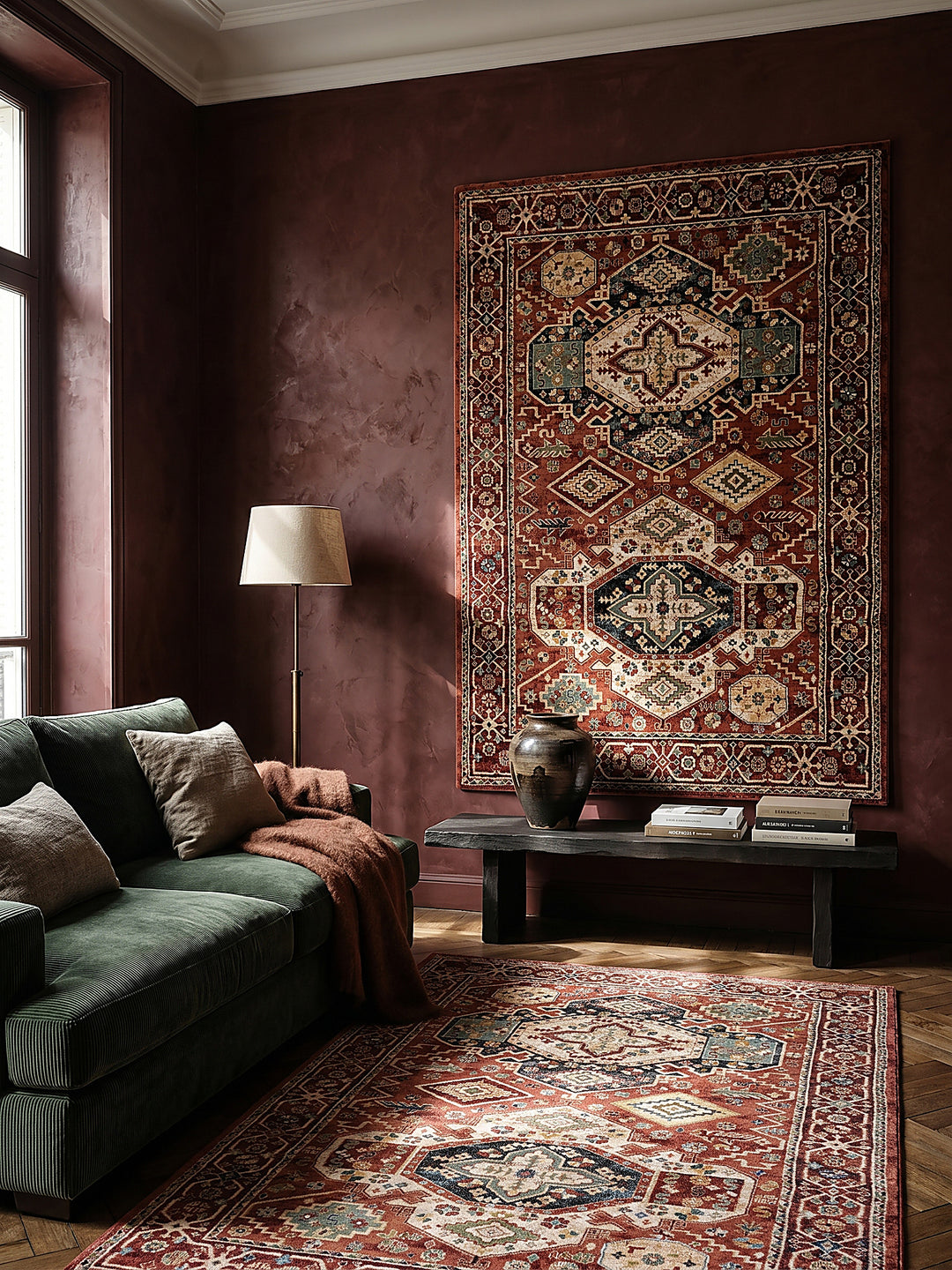 Teppich Rot rechteckig als Wandteppich Wanddekoration Textilkunst Interior Design_
