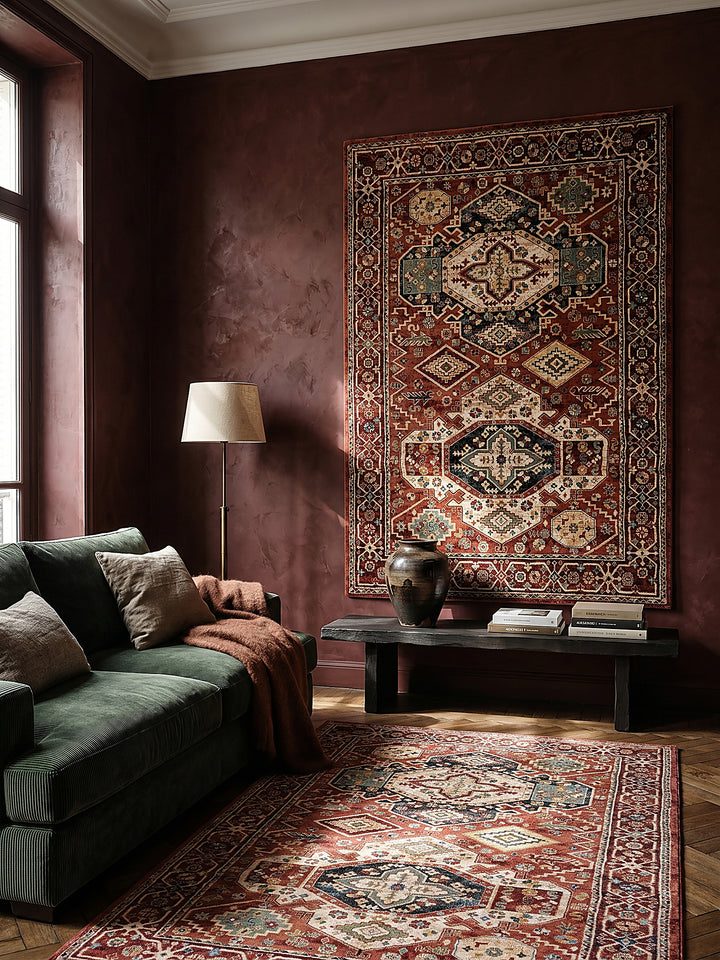 Teppich Rot rechteckig als Wandteppich Wanddekoration Textilkunst Interior Design_