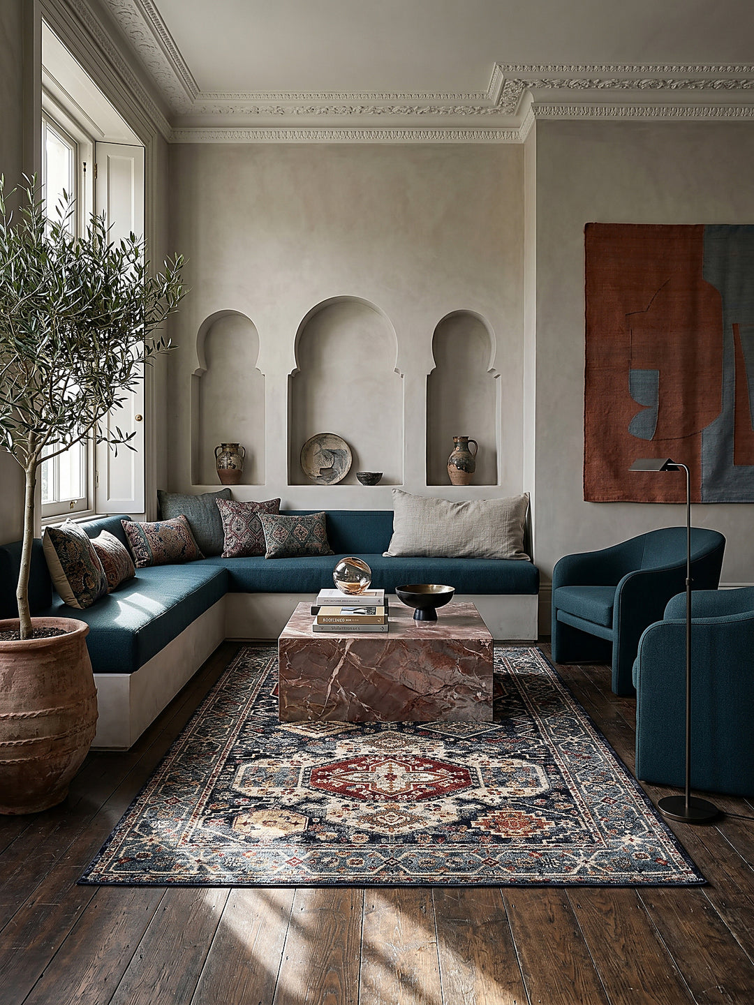 Teppich Multicolor-Blau rechteckig im modernen Wohnzimmer Einrichtungsidee_
