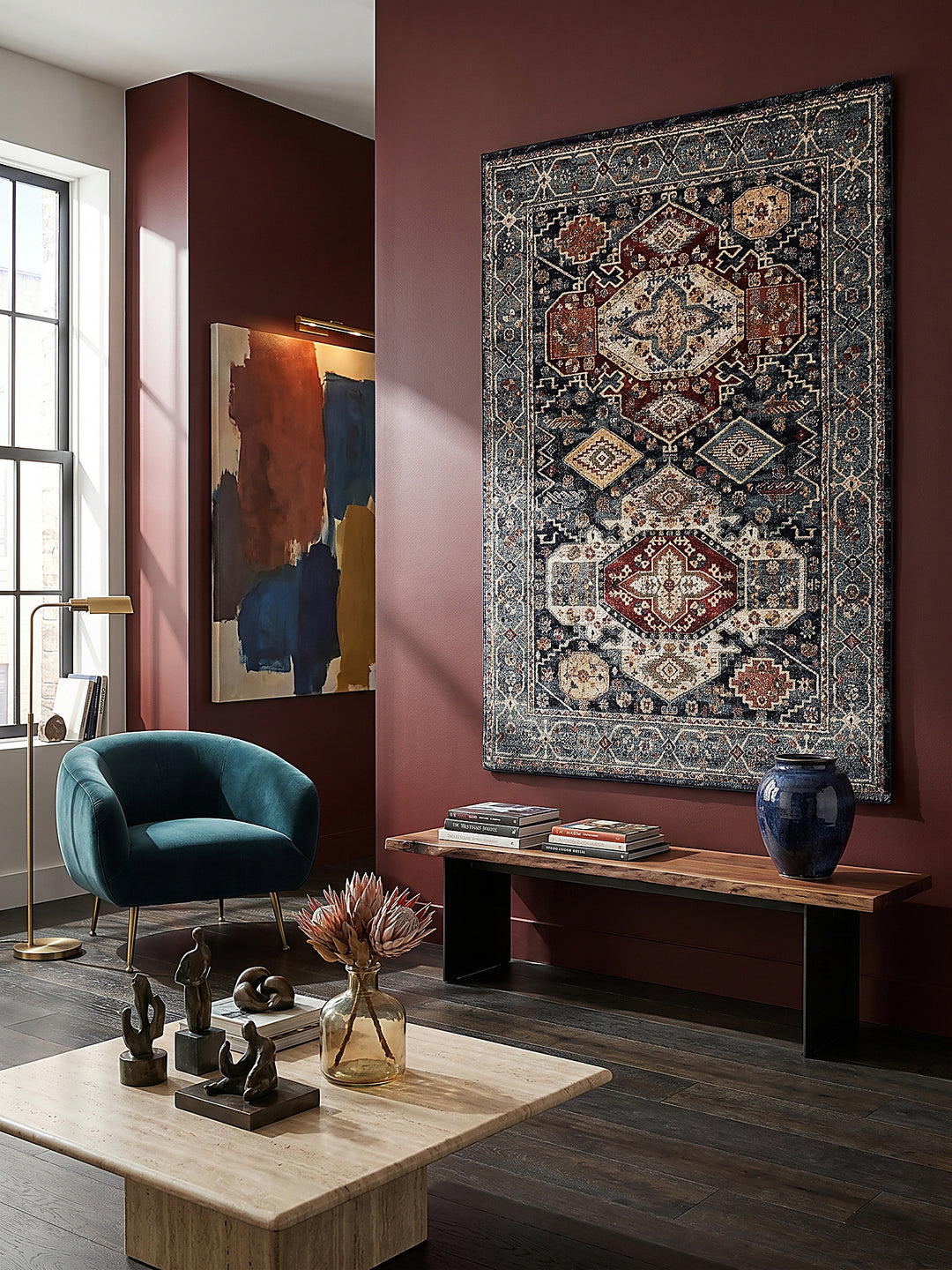 Teppich Multicolor-Blau rechteckig als Wandteppich Wanddekoration Textilkunst Interior Design_