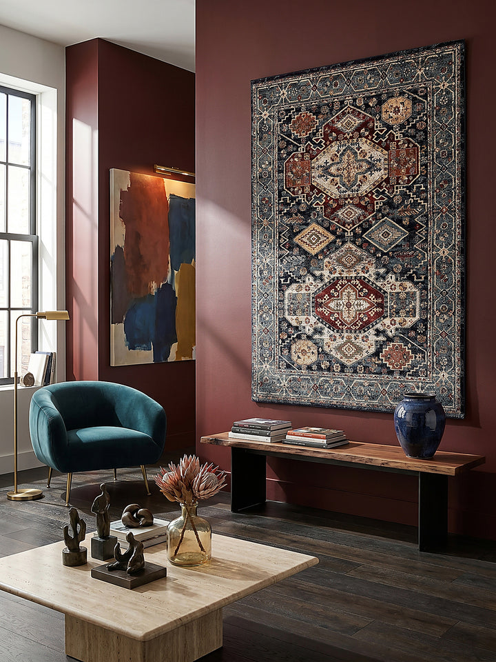 Teppich Multicolor-Blau rechteckig als Wandteppich Wanddekoration Textilkunst Interior Design_