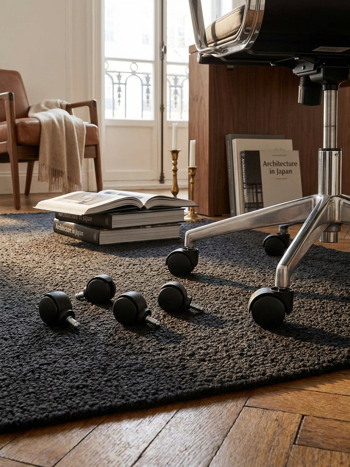 Fünf schwarze Teppichbodenrollen aus Kunststoff arrangiert auf einem anthrazitfarbenen Bouclé-Teppich im luxuriösen Home Office._