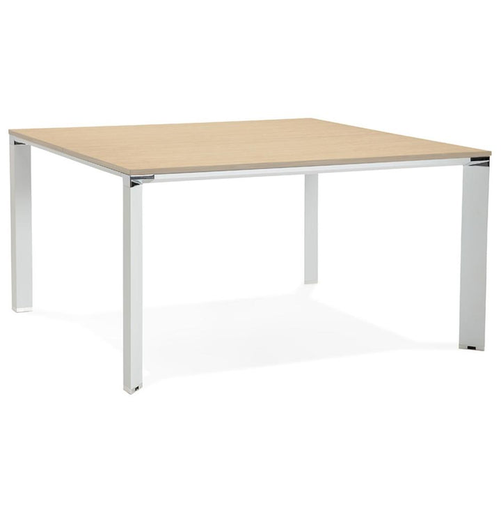 Quadrat-Schreibtisch Beige-Weiß - 140x140 cm - Holzoptik-Platte - weißes Metallgestell mit Chrom-Akzenten - ideal für moderne Büros - Kadima Design_