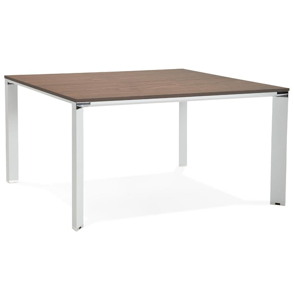 Quadrat-Schreibtisch Braun-Weiß - 140x140 cm - Walnuss-Optik Platte - weißes Metallgestell - elegant für exklusive Büroeinrichtungen - Kadima Design_