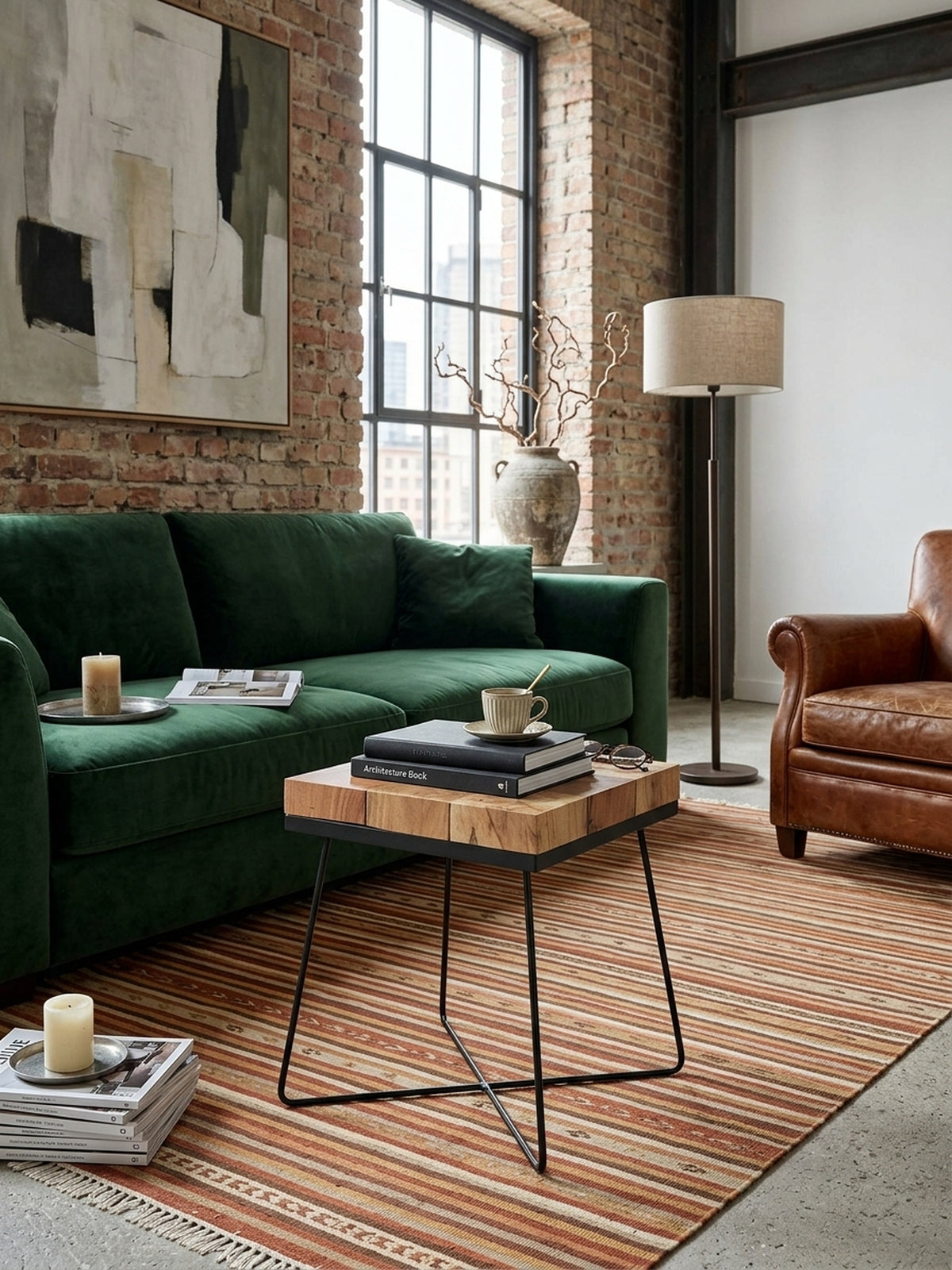 Moderner quadratischer Beistelltisch 45x45 aus massivem Akazienholz in einem eleganten Wohnzimmer neben einem hellen Sofa, das schwarze Metallgestell unterstreicht den Industrial-Look._