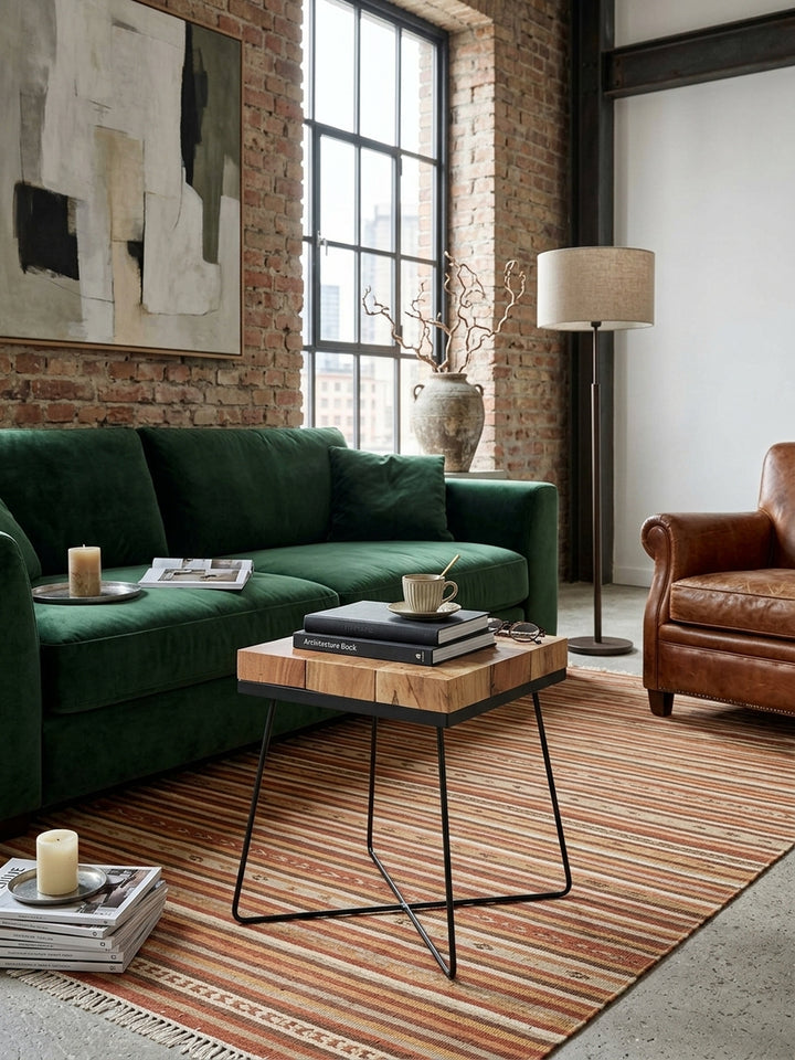 Moderner quadratischer Beistelltisch 45x45 aus massivem Akazienholz in einem eleganten Wohnzimmer neben einem hellen Sofa, das schwarze Metallgestell unterstreicht den Industrial-Look._