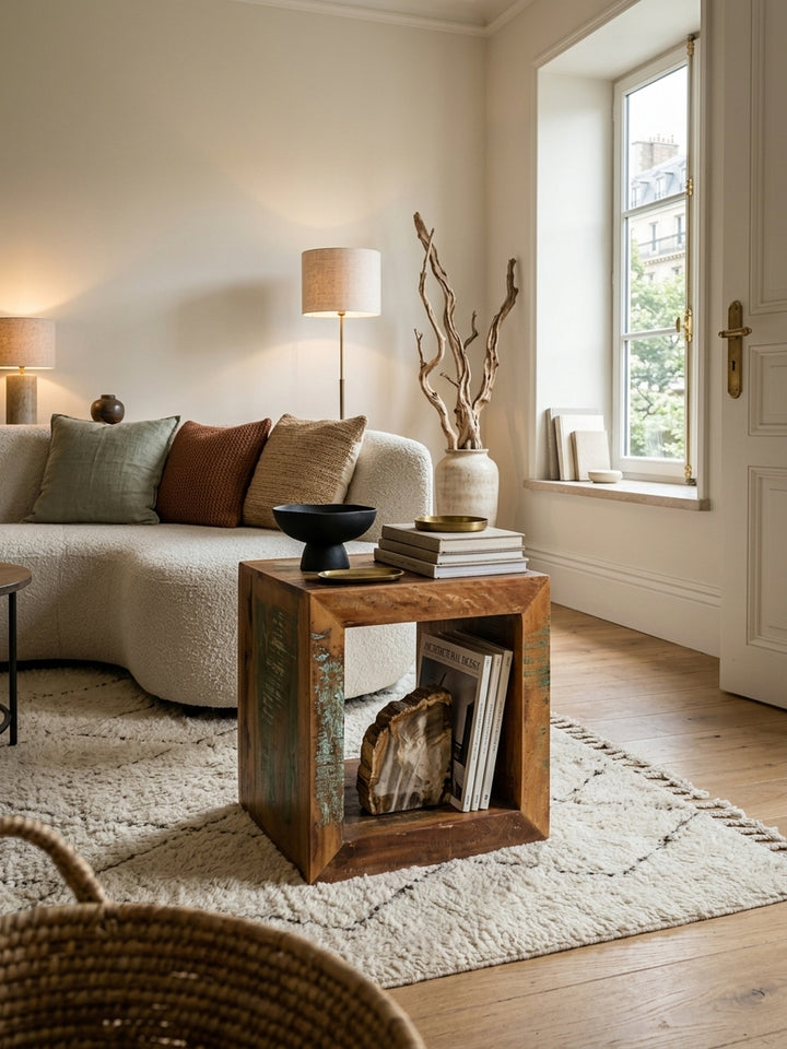 Massiver Beistelltisch aus Mangoholz im eleganten Wohnzimmer. Der 45x45 cm Cube Tisch setzt als nachhaltiges Unikat natürliche Akzente neben einem hellen Loungesessel._