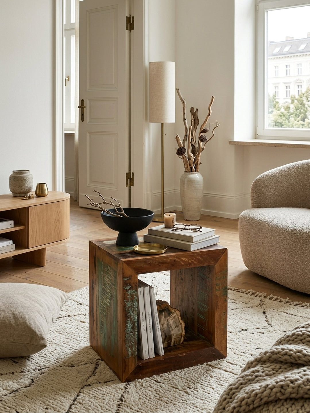 Draufsicht auf den quadratischen Massivholztisch im Wohnbereich. Die Maße von 45x35 cm und die markante recycelte Struktur fügen sich nahtlos in das Raumkonzept ein._