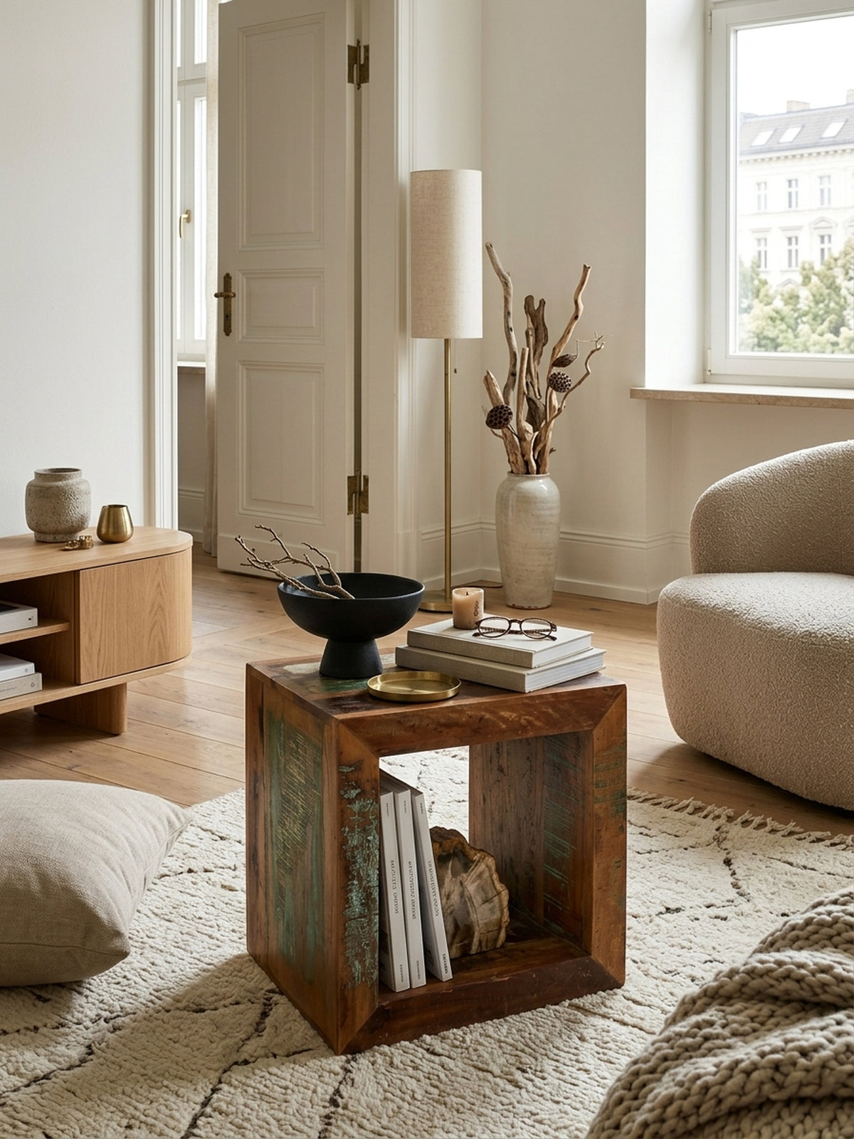 Draufsicht auf den quadratischen Massivholztisch im Wohnbereich. Die Maße von 45x35 cm und die markante recycelte Struktur fügen sich nahtlos in das Raumkonzept ein.