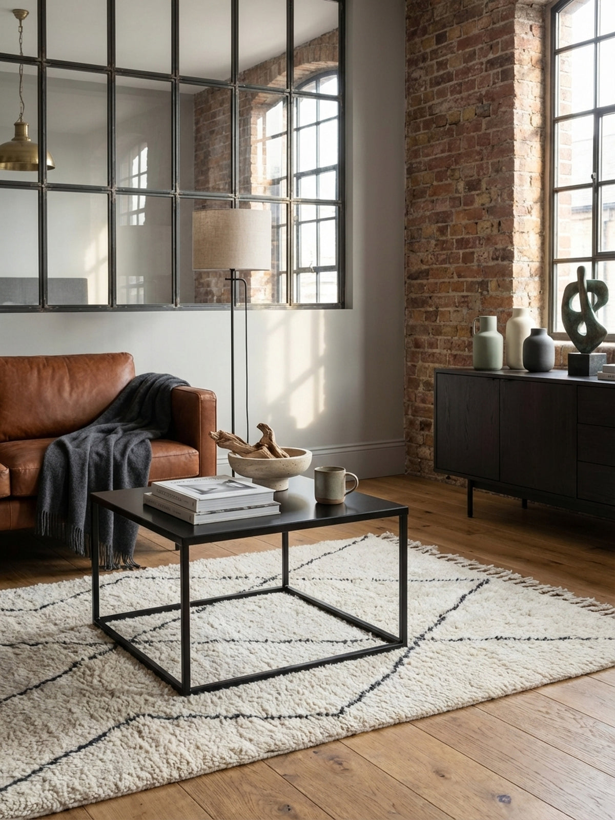 Der schwarze Couchtisch aus Metall im Industrial Stil als Mittelpunkt eines modernen Wohnzimmers, kombiniert mit einem Ledersofa und einem texturierten Wollteppich.