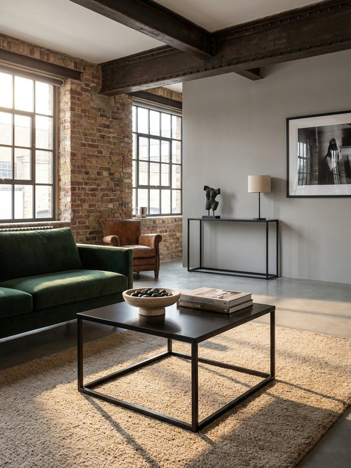 Draufsicht auf den quadratischen Sofatisch 60x60 cm in einem Wohnzimmer, der die klare geometrische Anordnung von Möbeln auf einem beigen Teppich unterstreicht._