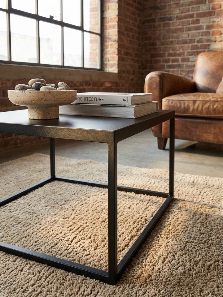 Makroaufnahme der matt schwarz lackierten Stahl-Oberfläche des Wohnzimmertisches, die die feine Textur und die hochwertige Verarbeitung des Metalls hervorhebt._