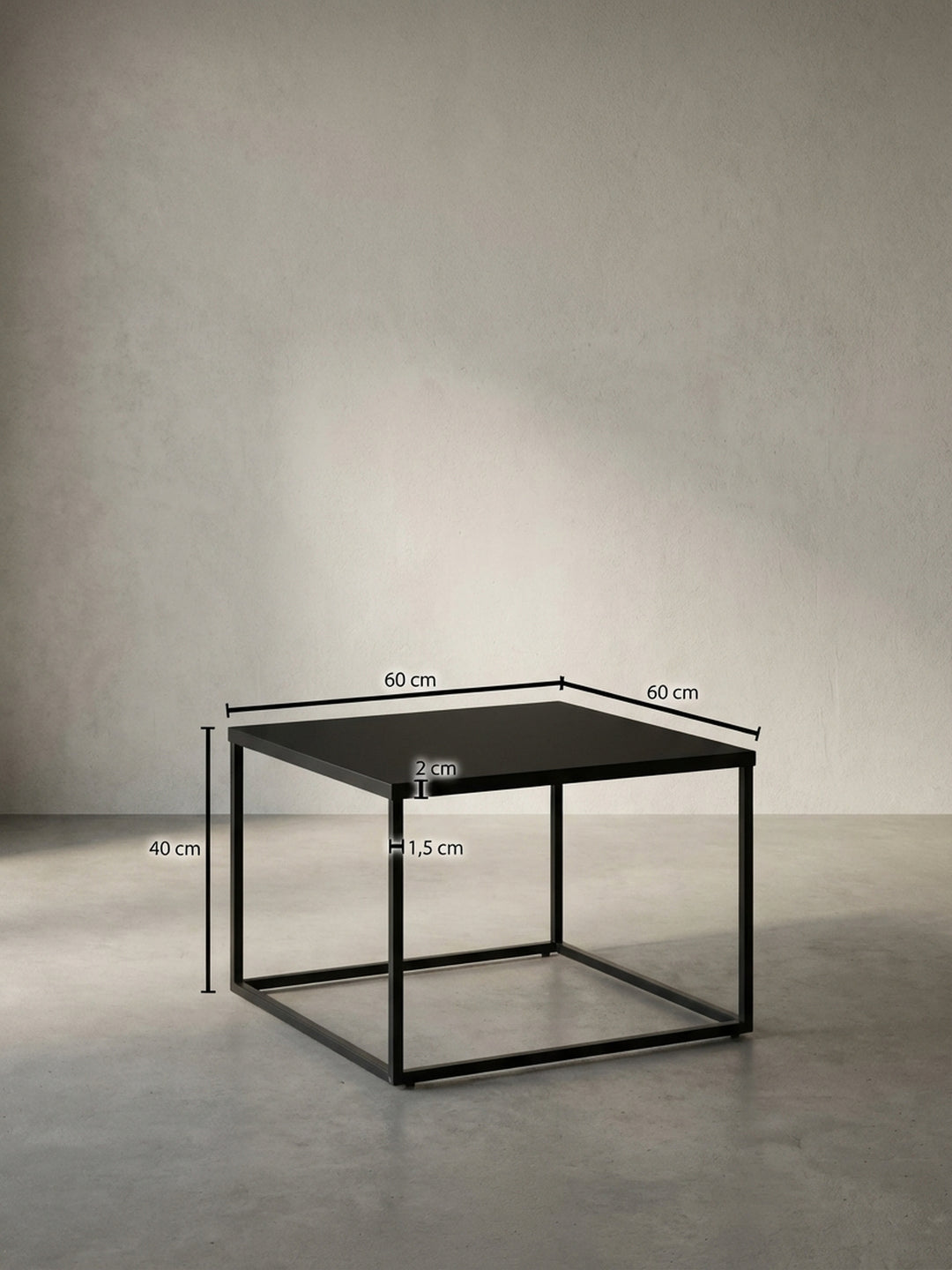 Technische Zeichnung des Couchtisches aus Metall mit allen relevanten Maßen: Breite 60 cm, Tiefe 60 cm und Höhe 40 cm für eine präzise Raumplanung._