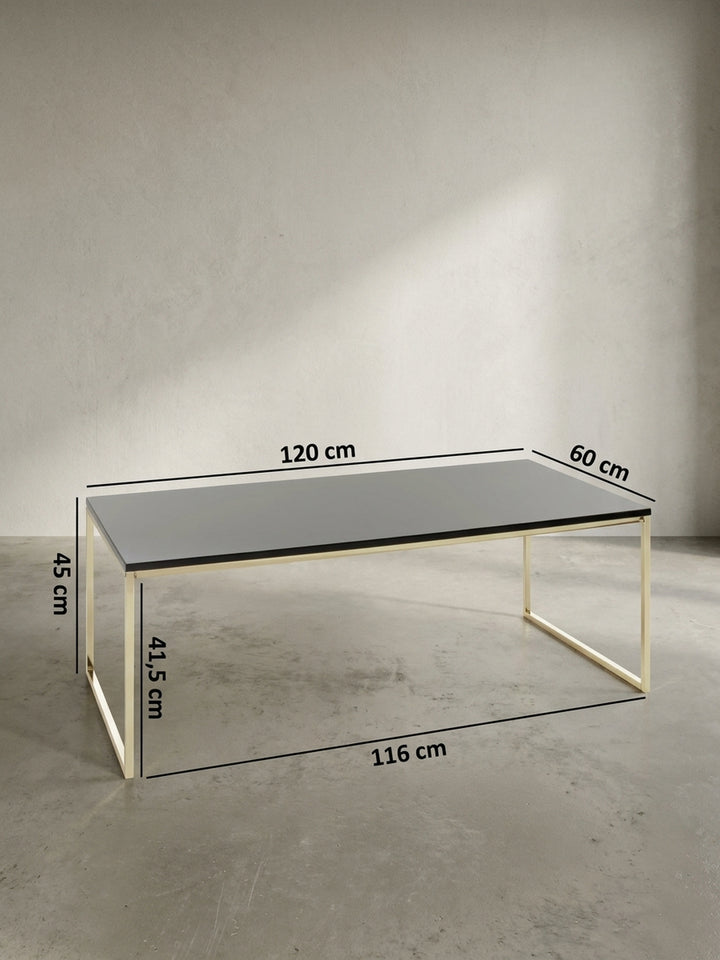 Technische Zeichnung des schwarzen Couchtisches mit exakten Maßangaben von 120 cm Breite, 60 cm Tiefe und 45 cm Höhe für eine perfekte Raumplanung._