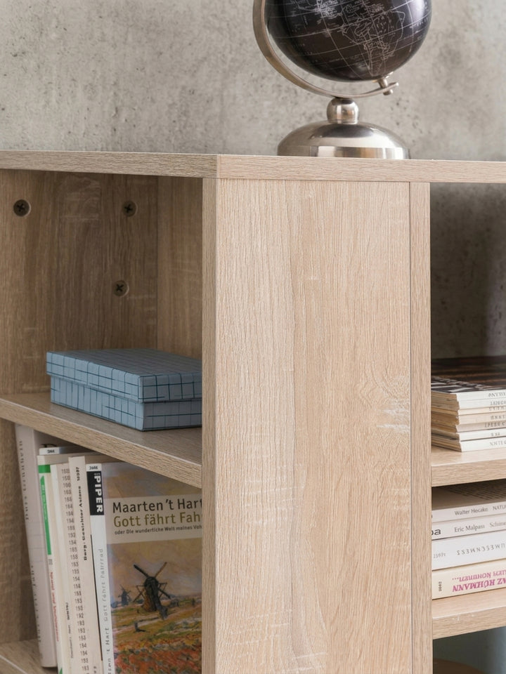 Gesamteindruck des offenen Rollcontainers in Sonoma Eiche. Das geradlinige Design macht dieses mobile Standregal zum idealen Helfer für Home Office, Flur oder als flexiblen Servierwagen._