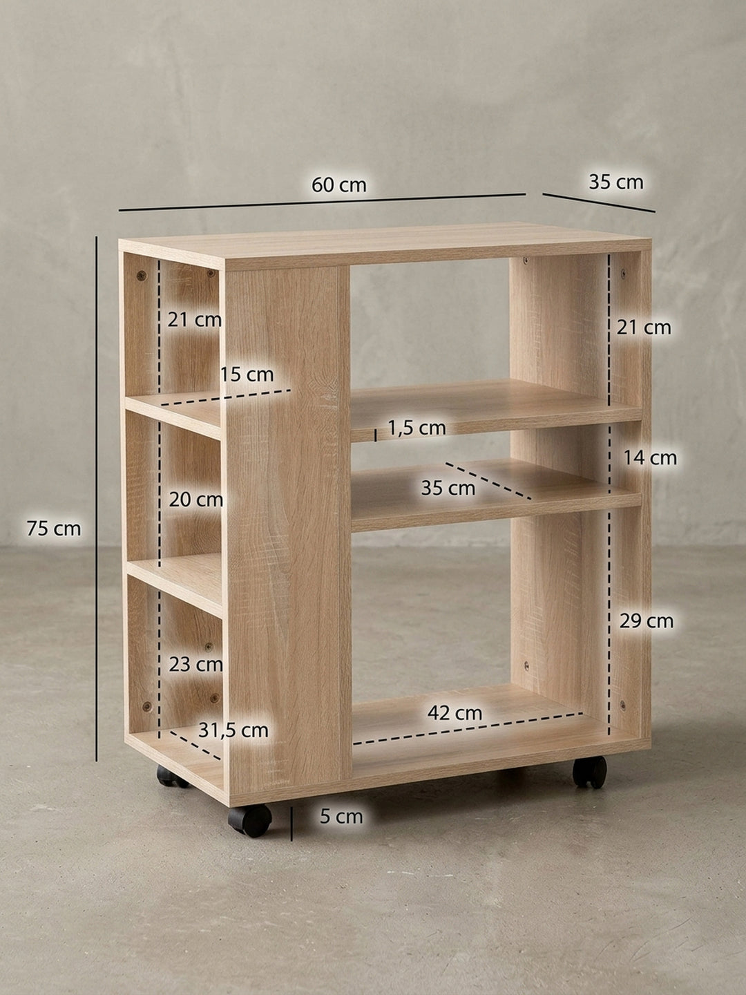 Rückansicht und Kantenverarbeitung des Büro-Rollcontainers. Saubere Abschlüsse und die durchgehende helle Holzoptik unterstreichen die Qualität des mobilen Beistelltisches aus Holz._