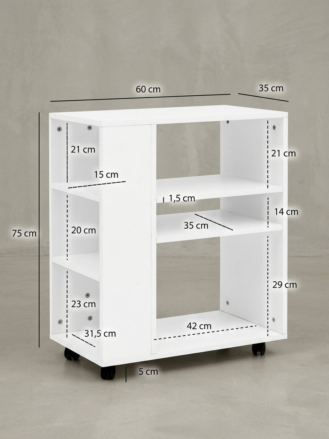 Detailansicht der Rückseite des weißen Aktenregals. Saubere Kantenverarbeitung und verdeckte Verschraubungen der Spanplattenkonstruktion unterstreichen die solide Verarbeitung._
