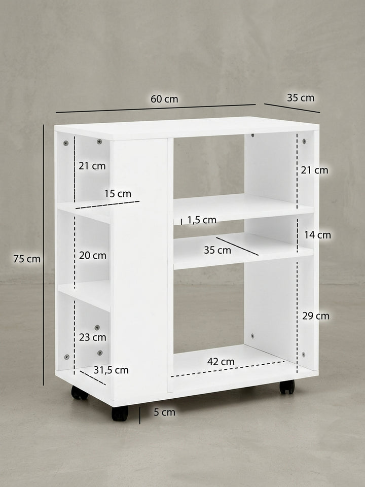 Detailansicht der Rückseite des weißen Aktenregals. Saubere Kantenverarbeitung und verdeckte Verschraubungen der Spanplattenkonstruktion unterstreichen die solide Verarbeitung._