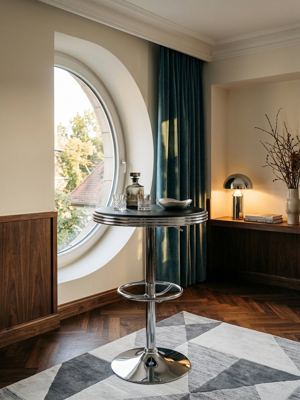 Draufsicht auf den runden Stehtisch in der Lounge. Die schwarze Kunstlederplatte mit 60 cm Durchmesser und markanter Chromkante fügt sich perfekt in die geometrische Raumgestaltung ein._