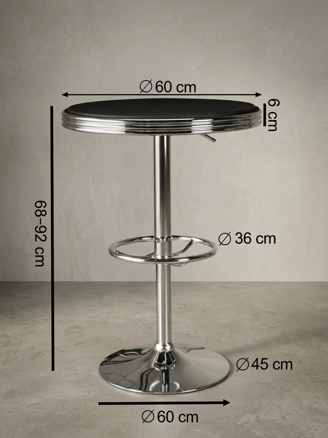 Bistrotisch in halber Seitenansicht. Die stufenlos verstellbare Höhe und die ringförmige Fußstütze am verchromten Metallgestell unterstreichen das funktionale Vintage-Modern Design._