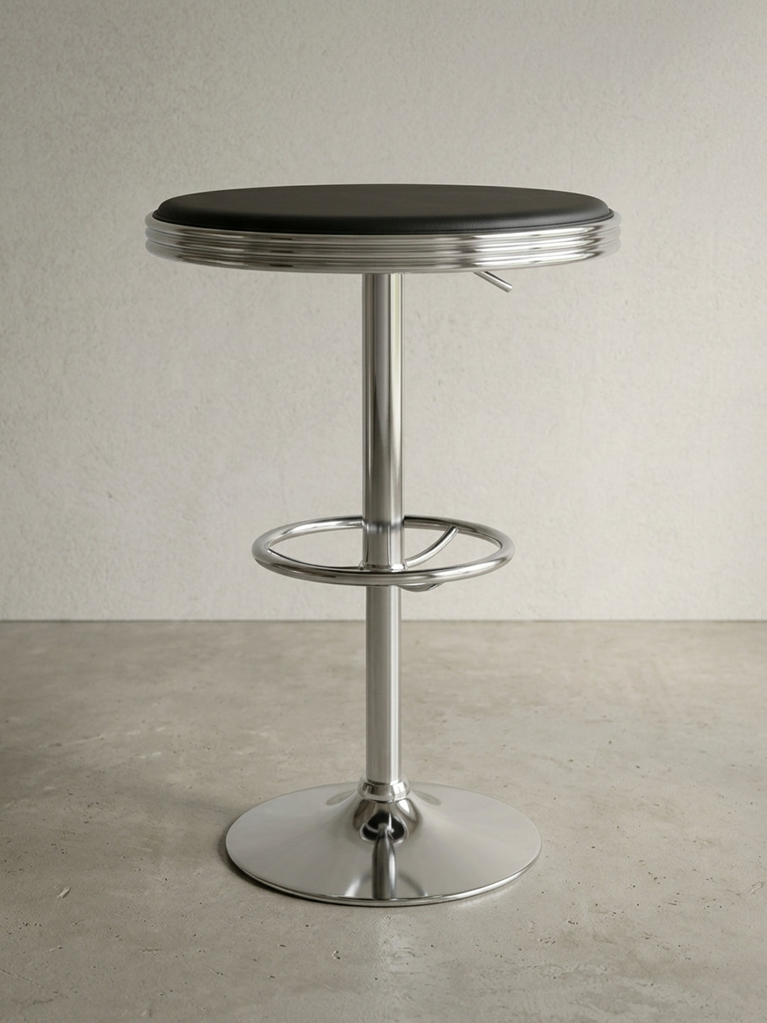 Maßzeichnung des American Diner Tisches: Tischplatte Ø 60 cm mit 6 cm Kante, stufenlos höhenverstellbar von 68 bis 92 cm. Die Fußstütze misst Ø 36 cm, der Trompetenfuß hat Ø 45 cm._