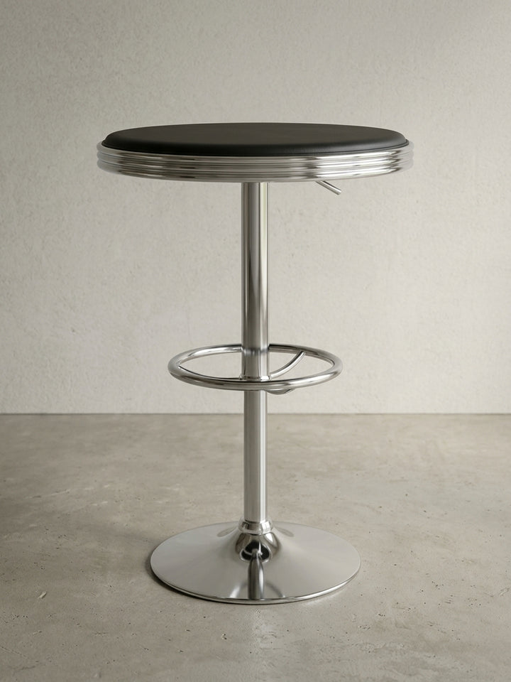 Maßzeichnung des American Diner Tisches: Tischplatte Ø 60 cm mit 6 cm Kante, stufenlos höhenverstellbar von 68 bis 92 cm. Die Fußstütze misst Ø 36 cm, der Trompetenfuß hat Ø 45 cm._