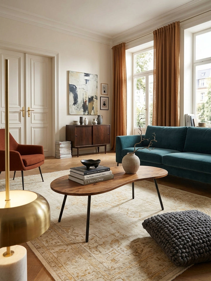 Retro Couchtisch Sheesham massiv im eleganten Wohnzimmer mit Fischgrätparkett. Nierentisch 122x63x36 cm mit schwarzen Metallbeinen als skulpturales Zentrum vor hellem Sofa._