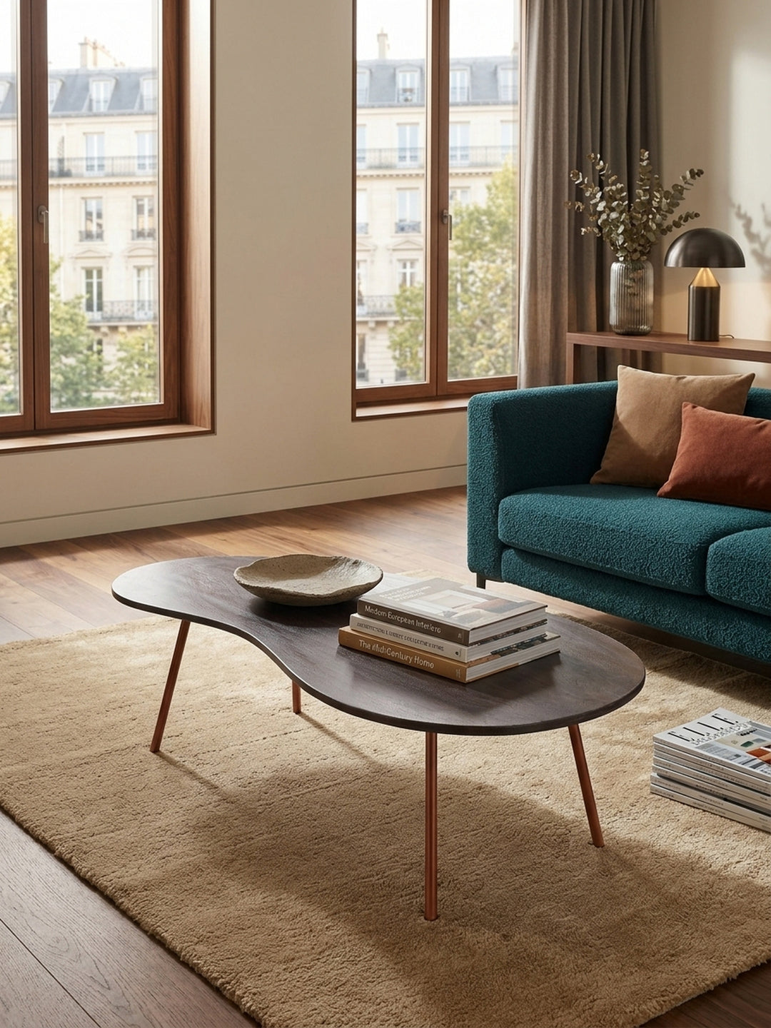 Draufsicht auf den organisch geformten Wohnzimmertisch aus Akazienholz. Der Nierentisch zeigt seine elegante asymmetrische Form im Vintage-Design auf einem hellen Wollteppich._