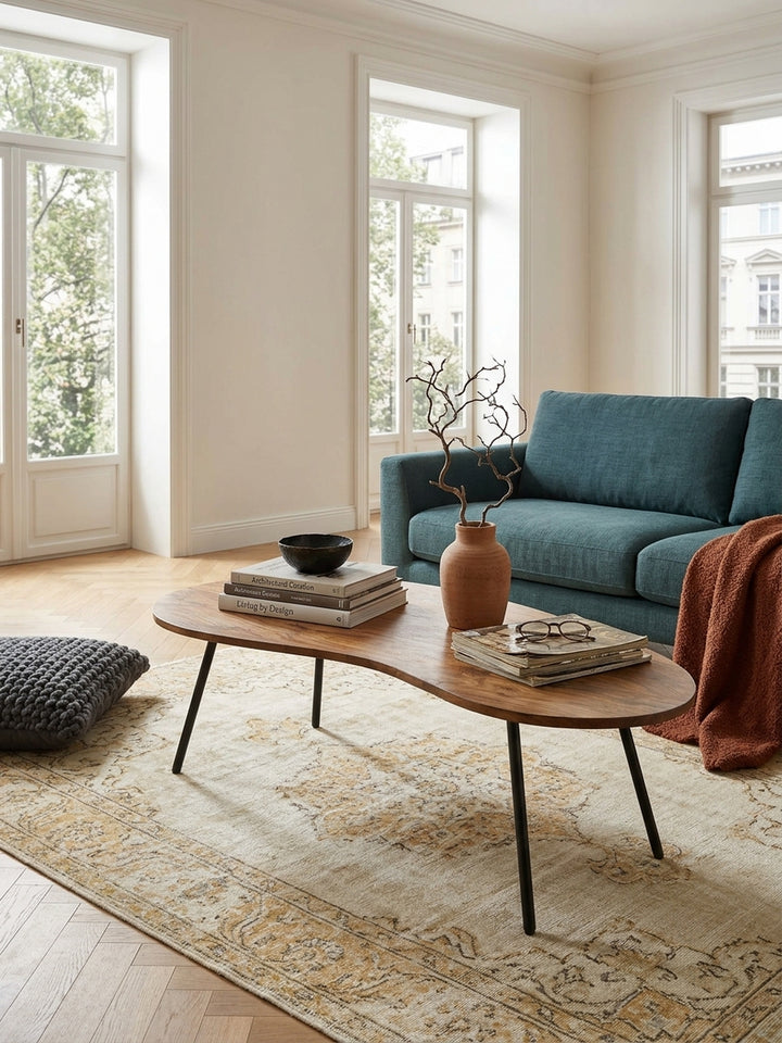 Draufsicht auf den asymmetrischen Nierentisch aus Palisanderholz im modernen Wohnbereich. Warme Holzmaserung des 122 cm langen Couchtischs auf hellem Vintage-Teppich arrangiert._