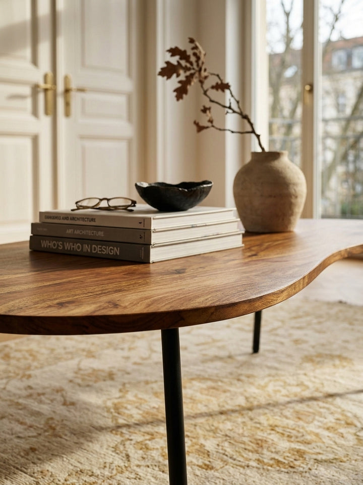 Nahaufnahme der natürlichen Holzmaserung des Akazienholzes am Couchtisch. Detail der 2,6 cm dicken Massivholzplatte und des mattschwarzen Metallgestells im Retro-Design._