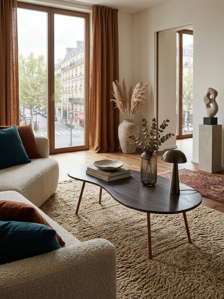 Retro Couchtisch Nierentisch aus massiver Akazie (122x63cm) in einem modernen Wohnzimmer. Dunkles Massivholz und kupferfarbene Metallbeine stilvoll vor heller Wand inszeniert._