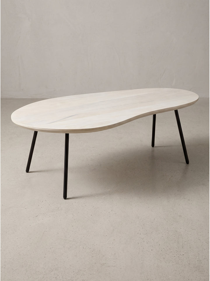 Freigestellte Frontalansicht des 122 cm breiten Nieren-Couchtisches, die den eleganten Kontrast zwischen der hellen Massivholzplatte und den filigranen schwarzen Metallbeinen zeigt_
