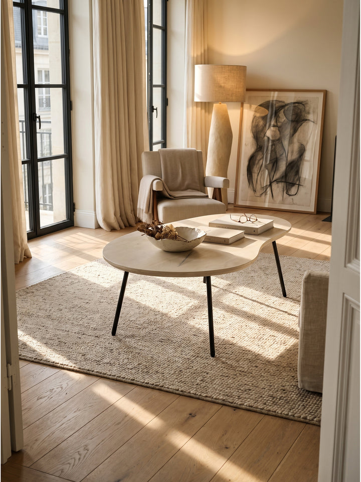 Eleganter Couchtisch Nierenform aus hellem Mango Massivholz im lichtdurchfluteten organisch-modernen Wohnzimmer auf einem texturierten Wollteppich vor beigen Wänden_