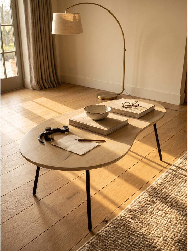 Gemütliches Arrangement auf dem Retro-Sofatisch mit einem wabi-sabi Keramikbecher, handverlesenen Bildbänden und getrocknetem Pampasgras in einer schweren Steingutvase_