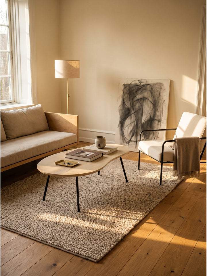 Der organisch geformte Holztisch harmoniert als zentrales Element perfekt mit dem modularen grauen Sofa und einem massiven Beistelltisch aus dunkler Eiche im Hintergrund_