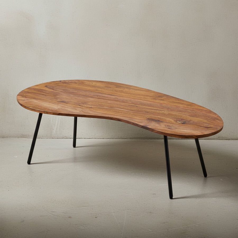 Retro-Couchtisch CALABRIA_ Massivholz_ Metallbeine_ Pflegeleichte Tischplatte_ Nierenform - KADIMA DESIGN_Farbe_ Braun_ Größe_ 122x63x36 cm_