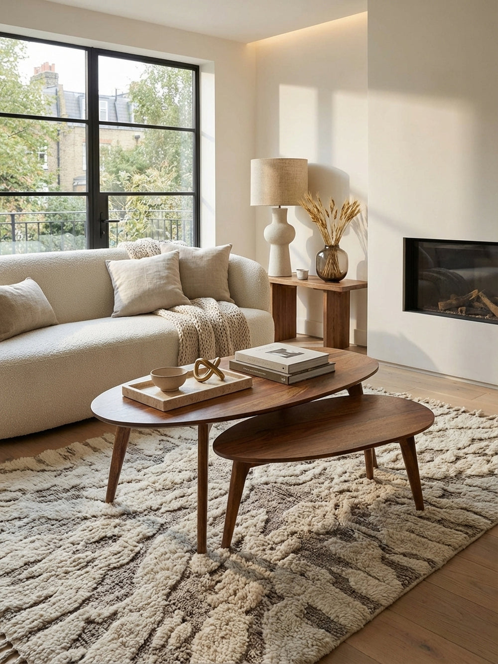 Zweiteiliger Satztisch in Nierenform von oben, zeigt die flexible Anordnung der Massivholztische im Wohnzimmer und die großzügige Ablagefläche des Couchtisch-Sets._