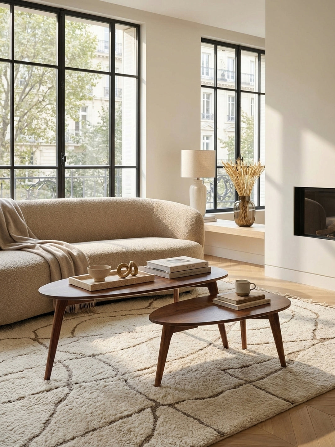 Couchtisch Set aus Sheeshamholz im organischen Design, platziert vor einem hellen Sofa auf einem strukturierten Teppich in einem modernen, lichtdurchfluteten Wohnzimmer._