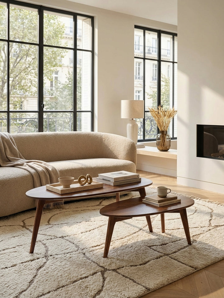 Couchtisch Set aus Sheeshamholz im organischen Design, platziert vor einem hellen Sofa auf einem strukturierten Teppich in einem modernen, lichtdurchfluteten Wohnzimmer._
