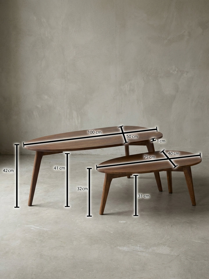 Technische Zeichnung des Nierenform-Couchtischs mit exakten Maßen: großer Tisch 100x42x50 cm, kleiner Tisch 75x32x40 cm, für präzise Raumplanung._