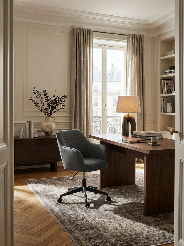 Bürostuhl Stoff anthrazit 65x65x90 cm in modernem Home Office Einrichtung Design Möbel mit Rollen und Armlehnen hochwertig modern stilvoll einrichten Wohnen Interior Zuhause Wohnzimmer_