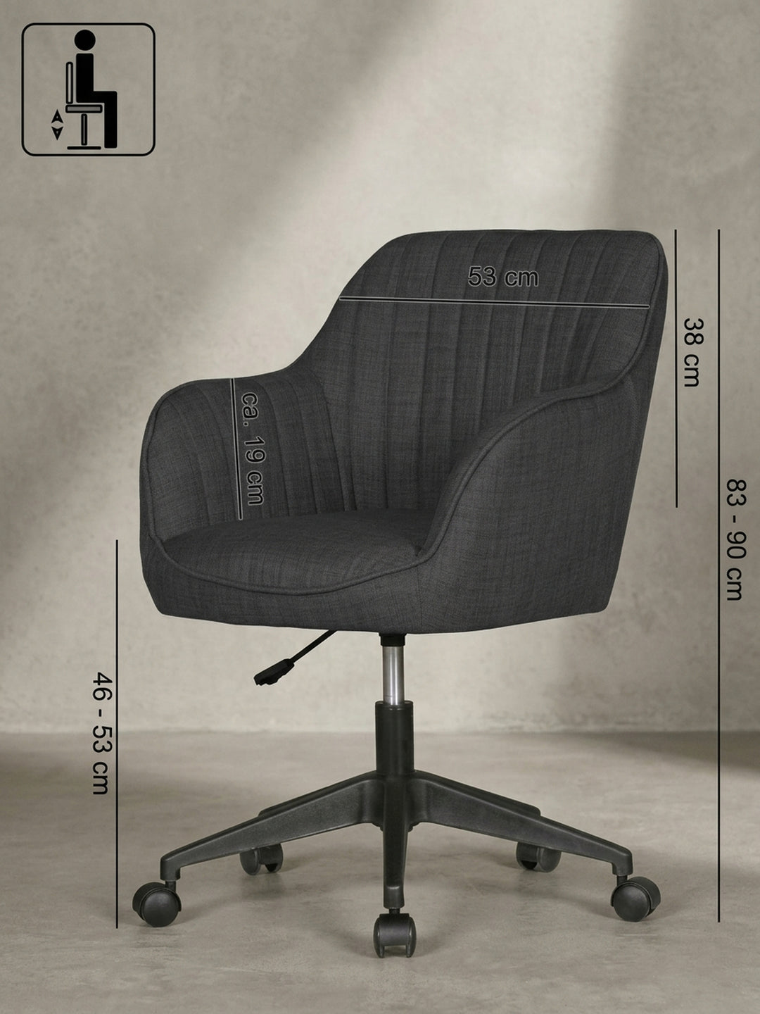 Bürostuhl 65x65x90 cm Stoff anthrazit mit Rollen und Armlehnen Möbel Design Wohnzimmer Esszimmer Schlafzimmer modern hochwertig elegant Home Office Wohnen Einrichtung Interior Zuhause_