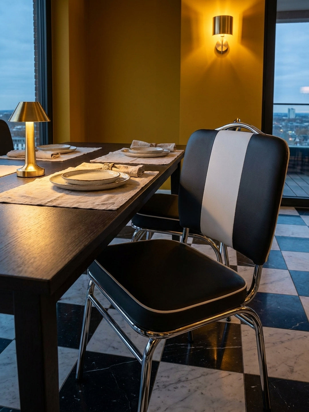 Esszimmerstuhl aus pflegeleichtem Kunstleder schwarz im Einsatz Esszimmer dekoriert mit Styling-Accessoires Wohnatmosphäre mit Polsterung gemütlich eingerichtet Wohnen Einrichtung Interior_