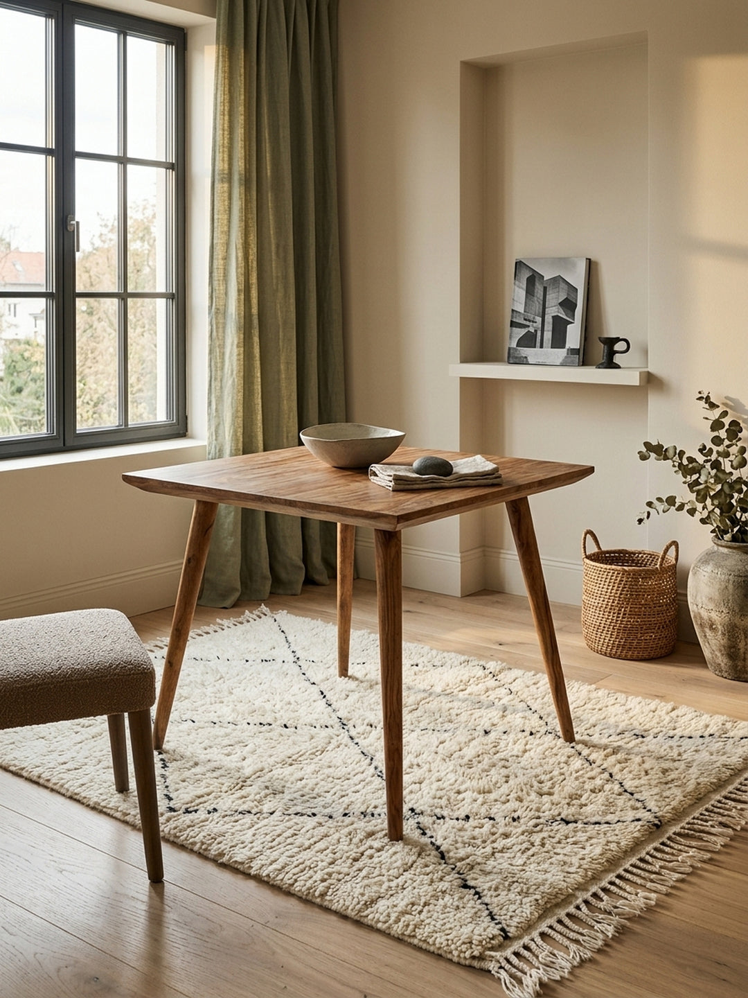 Esstisch Sheesham Massivholz 80x80x76 cm in stilvoller Esszimmer-Einrichtung mit Dekoration und Accessoires aus der Vogelperspektive_