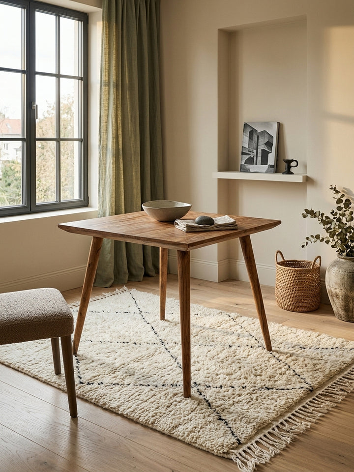 Esstisch Sheesham Massivholz 80x80x76 cm in stilvoller Esszimmer-Einrichtung mit Dekoration und Accessoires aus der Vogelperspektive_