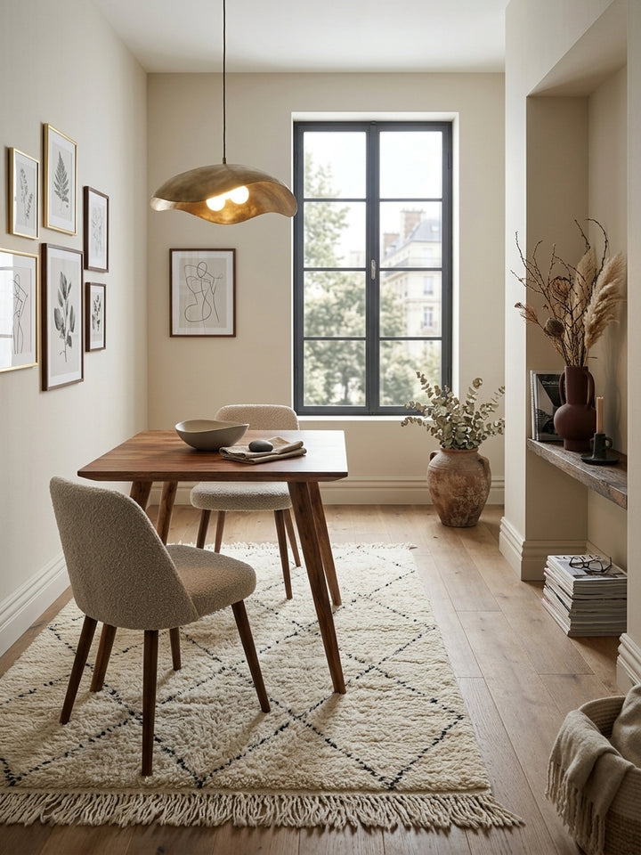 Esstisch aus warmem Sheesham-Massivholz mit markanter Maserung in warmem modernem Esszimmer mit Teppich und stimmungsvoller Beleuchtung 80x80x76 cm_