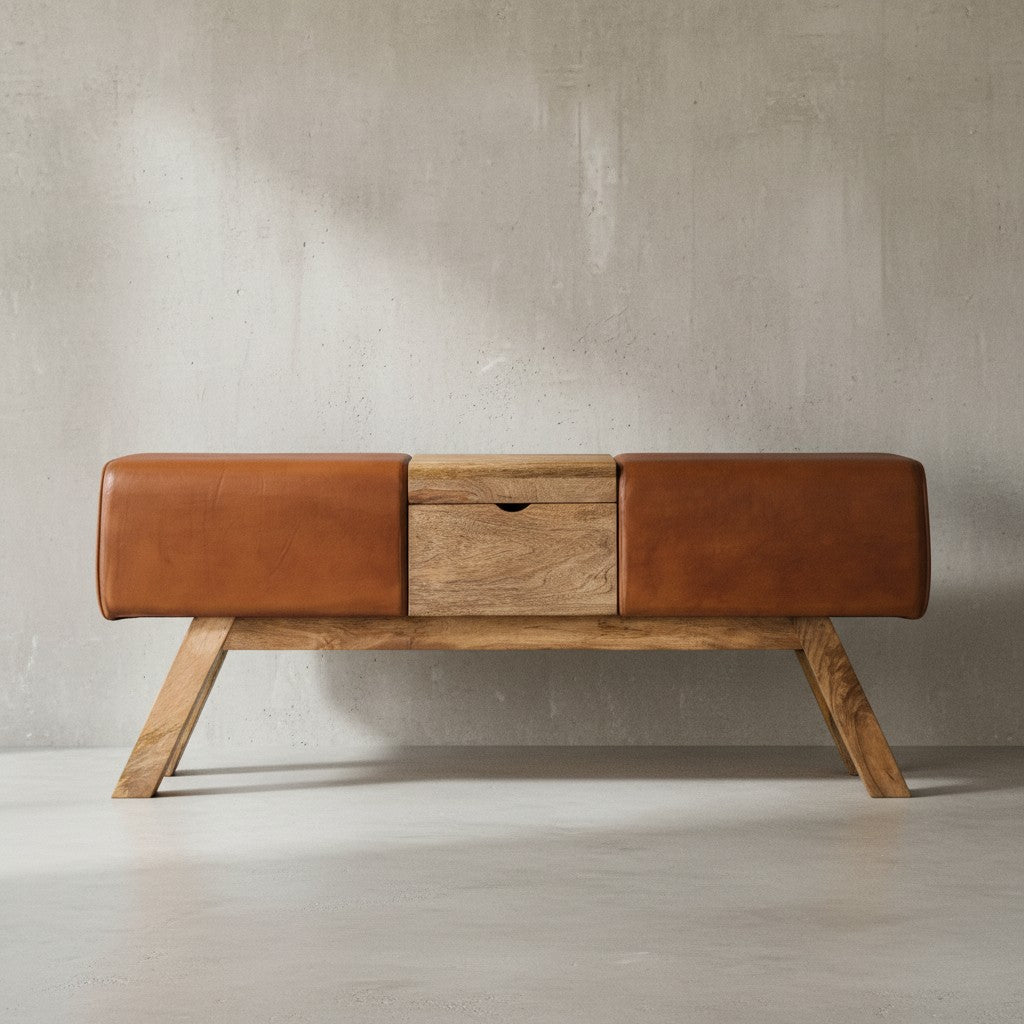 Retro Sitzbank_ Echtes Leder_ Holzbeine_ 120 cm - Stilvoll &amp; Komfortabel mit Stauraum - KADIMA DESIGN_Größe_ 120x29x53 cm_