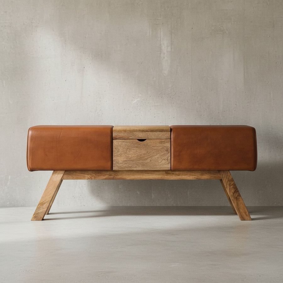 Retro Sitzbank_ Echtes Leder_ Holzbeine_ 120 cm - Stilvoll &amp; Komfortabel mit Stauraum - KADIMA DESIGN_Größe_ 120x29x53 cm_