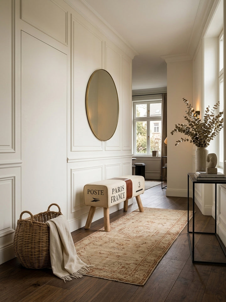 Elegante Sitzbank im Turnbock Design aus beigem Canvas und braunem Echtleder. Die Garderobenbank mit Paris France Aufdruck steht auf warmem Walnussholz in einem luxuriösen Flur._